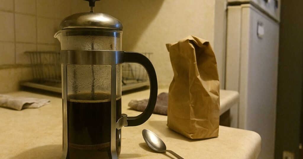 French press with coffee on a cluttered kitchen counter, surrounded by a spoon, coffee bag, and fridge in warm lighting.