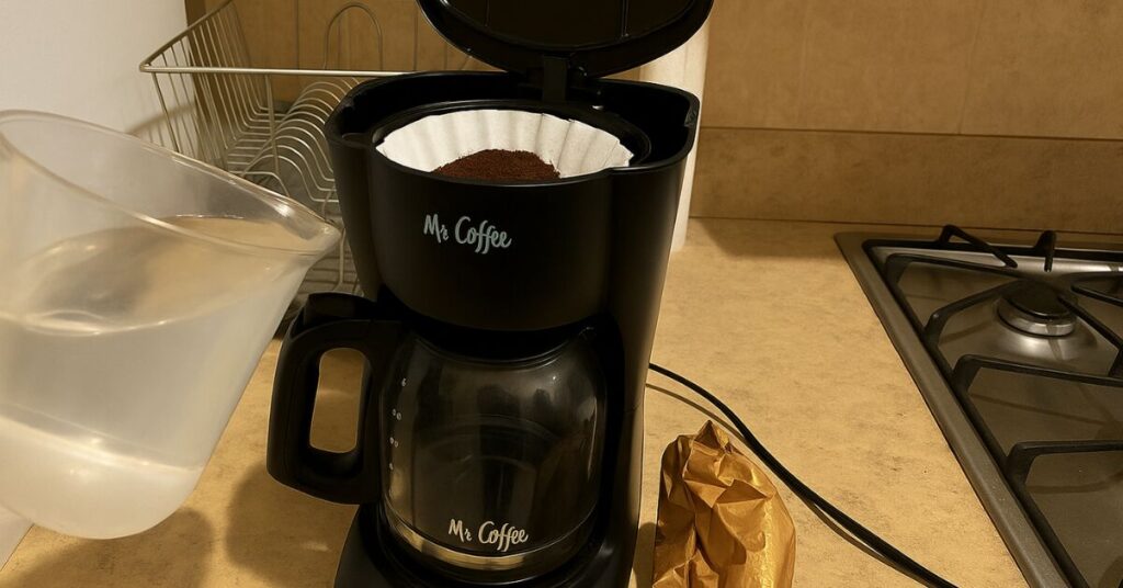Mr. Coffee machine with filter and grounds, water being poured, and cluttered kitchen counter.