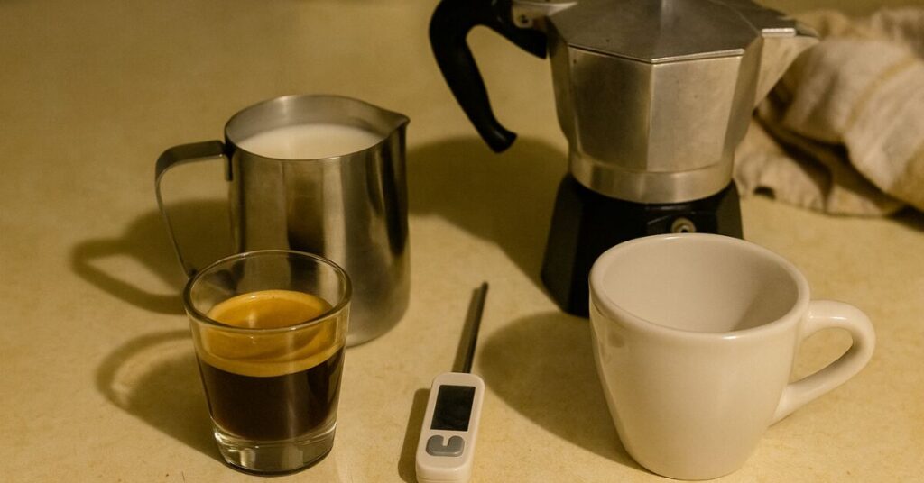 Flat white ingredients and equipment on a kitchen counter including espresso shot, milk jug, moka pot, thermometer, and ceramic cup