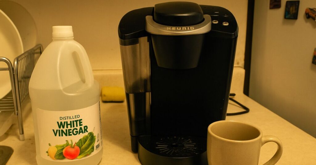 Keurig Coffee Maker with white vinegar and ceramic cup next to it